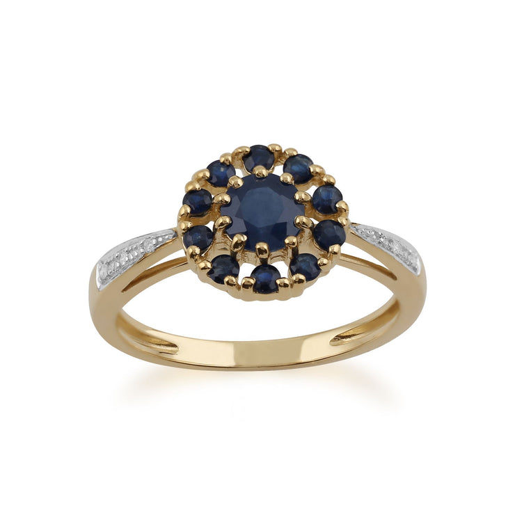Anello Gemondo con zaffiro, anello floreale in oro giallo da 9 ct con zaffiro e diamanti da 1,04 ct
