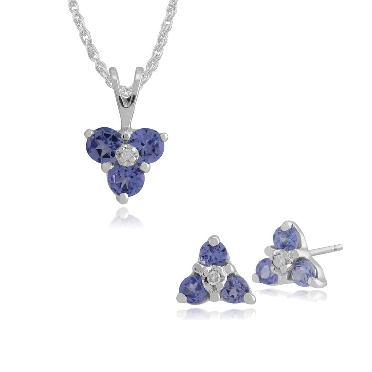 Orecchini a lobo e pendente floreale Tanzanite in oro bianco 375 e diamanti