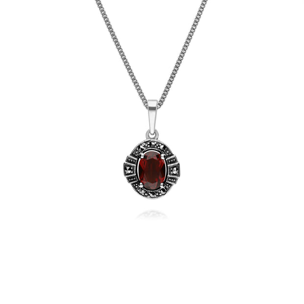 Collana in argento sterling con granato ovale e marcasite da 45 cm