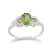 Anello in oro bianco da 9 ct con peridoto naturale da 0,84 ct e diamante da 1,6 pt con tre pietre