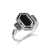 Gemondo - Anello in stile Art Déco, argento puro 925 da 1,00 ct, onice nero e marcasite da 4,8 pt