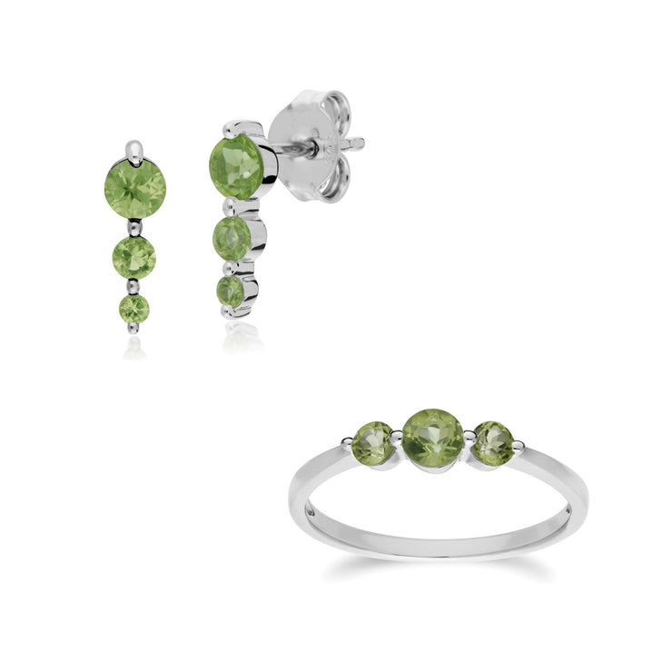 Classici orecchini e anello con tre pietre di peridoto in argento 925