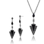 Collana Trangle e Orecchini Pendenti Stile Art Deco Argento 925 Onice Nero e Marcasite