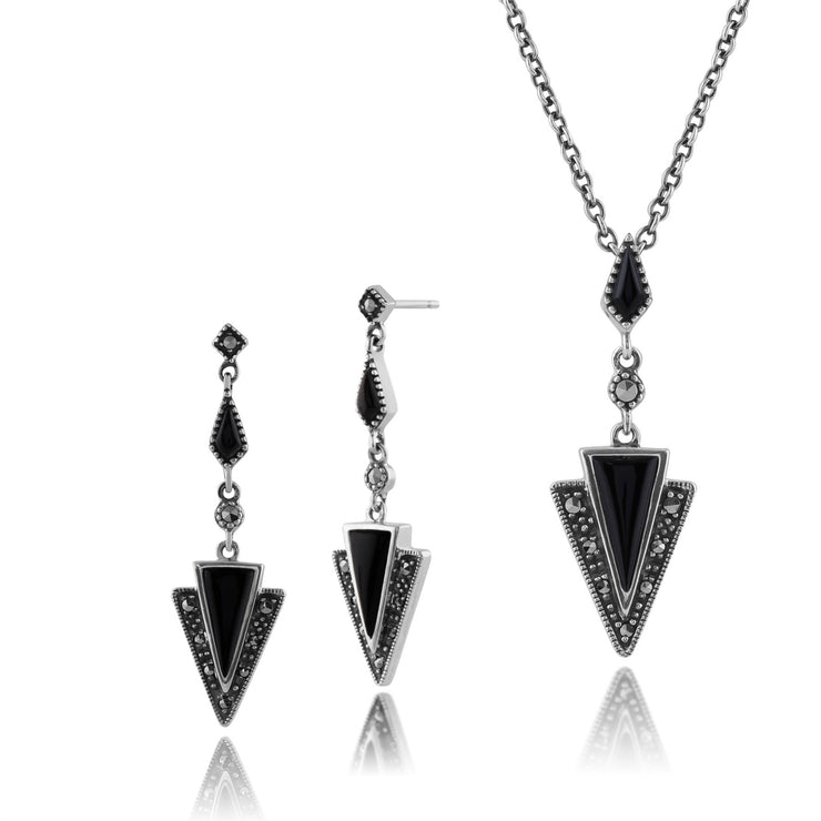 Collana Trangle e Orecchini Pendenti Stile Art Deco Argento 925 Onice Nero e Marcasite