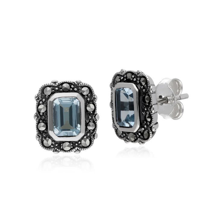 Orecchini con topazio, topazio blu in argento sterling e orecchini Art Nouveau ottagonali con marcasite