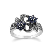 Anello Gemondo in stile Art Nouveau, anello floreale con zaffiro e marcasite in argento sterling 925 da 0,56 ct