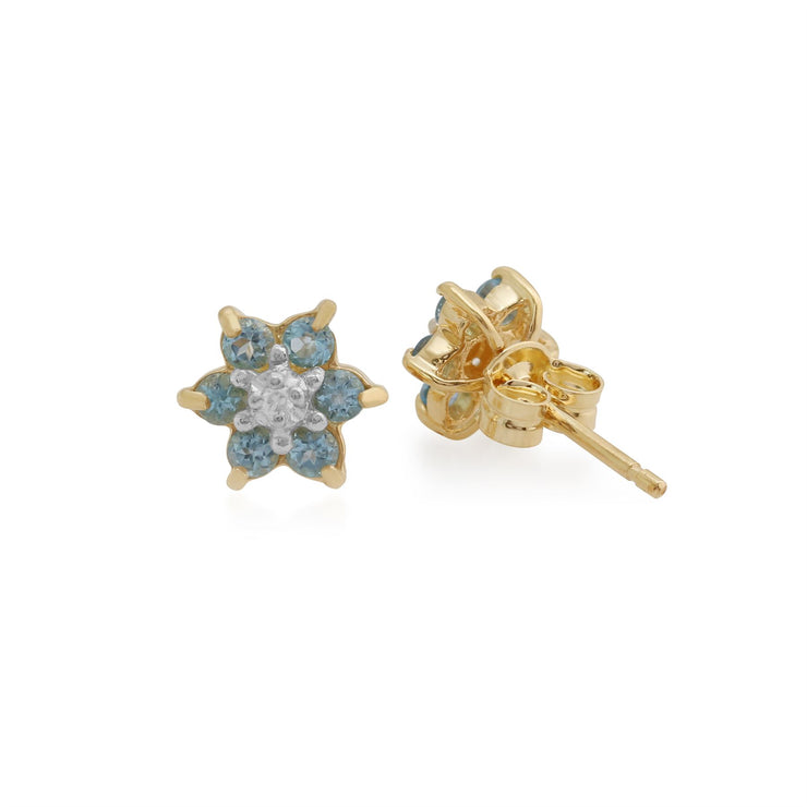 Orecchini a bottone floreali in oro giallo 375 con topazio azzurro e stile a grappolo di diamanti