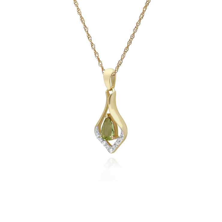 Collana con peridoto, pendente classico a foglia con peridoto rotondo e diamanti in oro giallo da 9 ct su catena da 45 cm