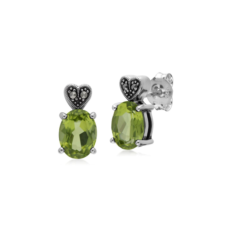 Orecchini pendenti e a bottone in stile Art Deco Argento 925 con peridoto ovale e marcasite