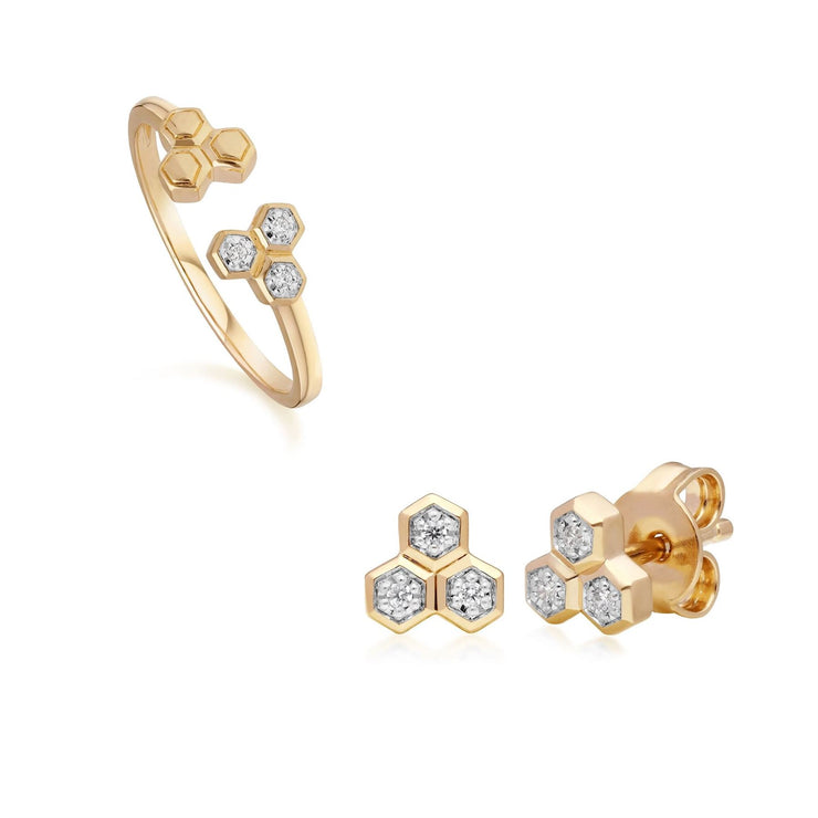 Anello e orecchini a lobo con diamanti Trilogy in oro giallo 375