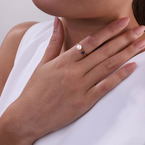 Bague Ouverte Perle Moderne Argent 925 Plaqué Or Rose Perle, Saphir et Topaze